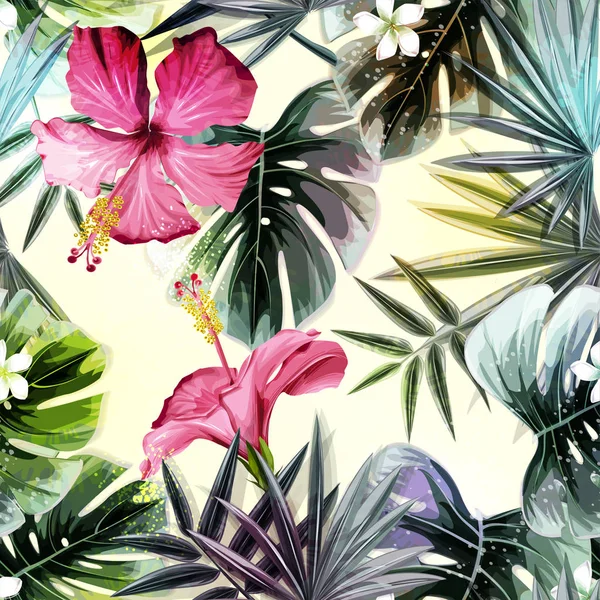 Fondo Tropical Brillante Con Plantas Selva Patrón Exótico Vectorial Con — Archivo Imágenes Vectoriales