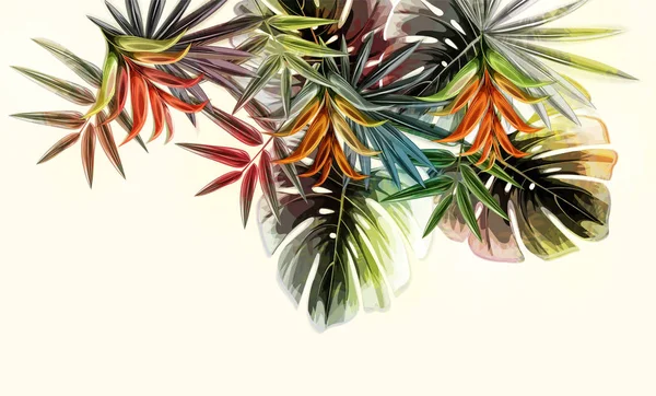 明亮的热带背景与丛林植物 带有棕榈树叶的奇异图案 — 图库矢量图片