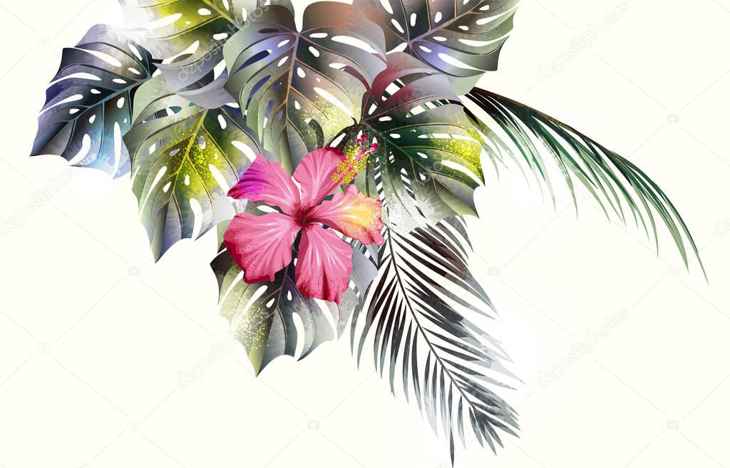 Bright tropical background with jungle plants. Vector exotic pattern with palm leaves.