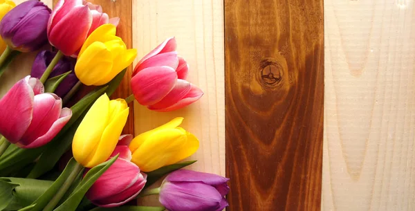 Bouquet of tulips over plates on wooden table Stock Image