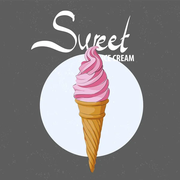 Helado de fresa en un cono de gofre — Vector de stock