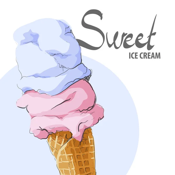Cône de crème glacée vanille fraise dans un cône de gaufre — Image vectorielle