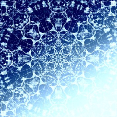 Soğuk mavi Hint desen, aşiret geleneksel öğeleri ile çiçek oryantal daire. Lüks Noel doku, kar tanesi donmuş. Boho Tekstil arka plan, oryantal etnik halı