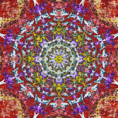 Renkli desen Hint kabile geleneksel öğeleri ile çiçek daire. Kraliyet canlı Mandala, Noel dekoratif doku. Boho Tekstil arka plan, oryantal etnik halı