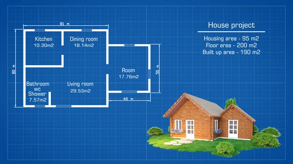 Plano de casa con representación 3D ilustración de casa de madera — Foto de Stock
