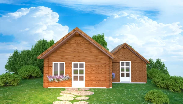 3D дом иллюстрация стоя на фоне леса — стоковое фото