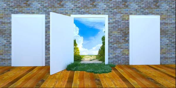 Illustrazione 3D bellissimo prato e vista foresta attraverso le porte aperte — Foto Stock