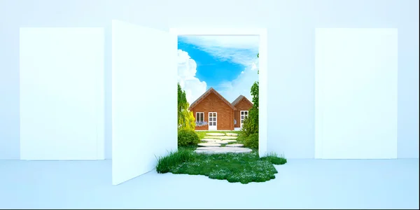 3d 그림 아름 다운 풀밭 그리고 숲 오픈 문을 통해 볼 — 스톡 사진