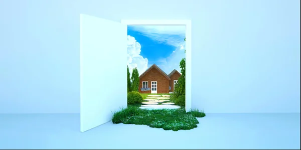 Ilustración 3D hermosa pradera y vista del bosque a través de las puertas abiertas — Foto de Stock