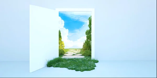 3D illustration vackra äng och skog visa genom de öppna dörrarna Stockbild