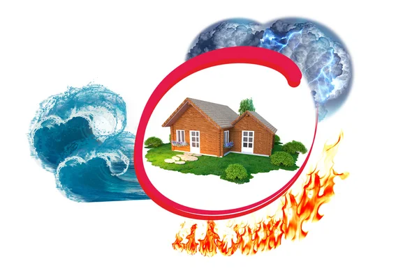房子保险对灾害和灾难︰ 火灾、 雷电、 海啸和雨 — 图库照片