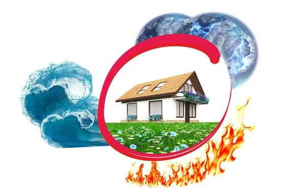 Huis verzekering tegen ramp en cataclysm: brand, bliksem, tsunami en regen — Stockfoto