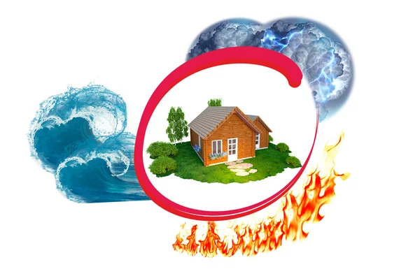 House insurance against disaster and cataclysm: fire, lightning, tsunami  and rain — Stock Photo, Image