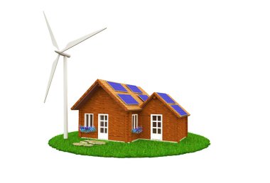 Ahşap ahşap ev Rüzgar türbinleri ve güneş panelleri çimenlerin üzerinde duran