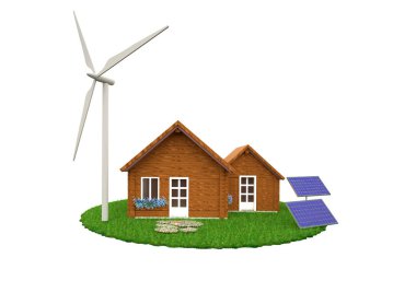 Ahşap ahşap ev Rüzgar türbinleri ve güneş panelleri çimenlerin üzerinde duran