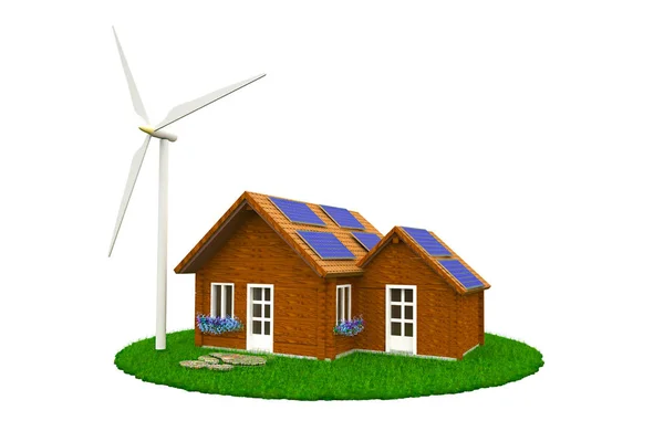 Casa de madera de madera con aerogeneradores y paneles solares de pie sobre la hierba —  Fotos de Stock