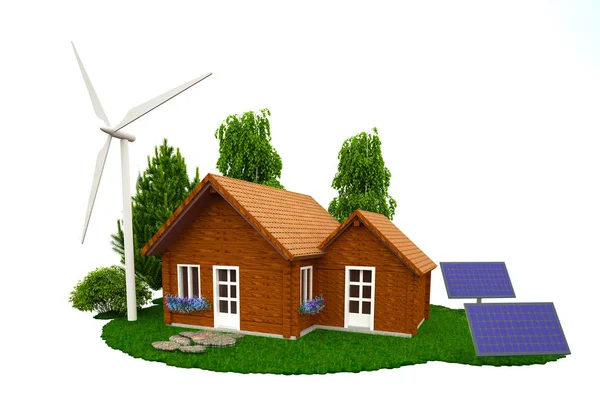 Деревянный дом с ветряными турбинами и солнечными панелями, стоящий на траве — стоковое фото
