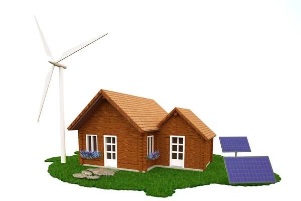 Timber wooden house with wind turbines and solar panels standing on the grass — Stock Photo, Image