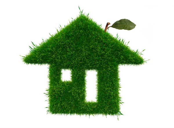 Groen huis met groeiende gras geïsoleerd op witte achtergrond — Stockfoto