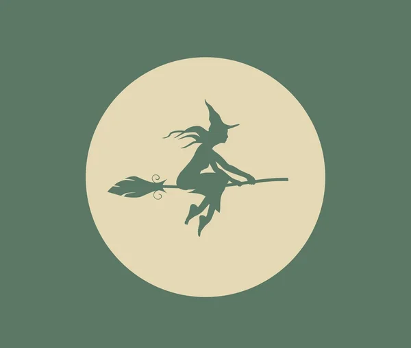 Jeune icône de sorcière volante. Silhouette de sorcière sur un balai — Image vectorielle