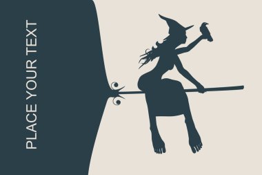 Uçan genç cadı simgesi. Cadı siluet bir süpürge üzerinde