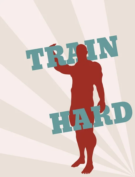 Muscular man holding train hard words. Vector silhouette — Stock Vector