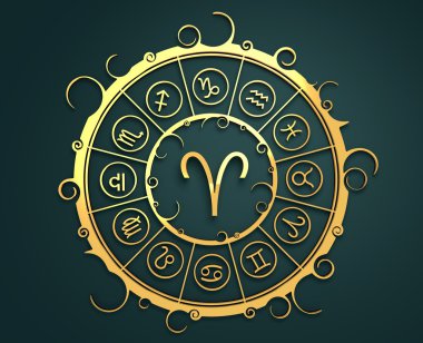 Altın daire içinde Astroloji sembolleri. Ram işareti