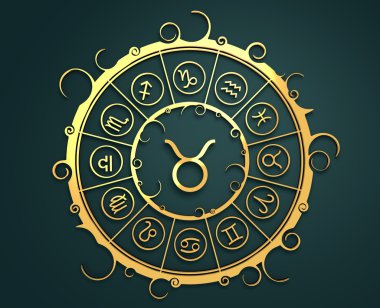 Altın daire içinde Astroloji sembolleri. Boğa işareti