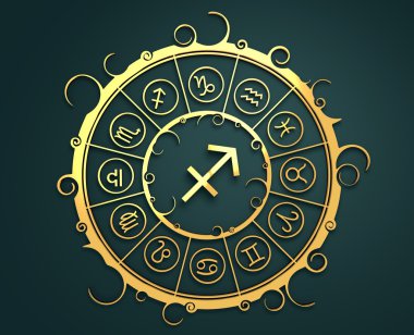 Altın daire içinde Astroloji sembolleri. Okçu işareti