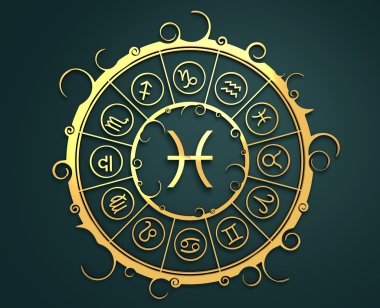 Altın daire içinde Astroloji sembolleri. Balık işareti