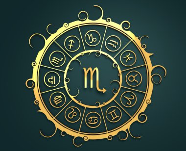 Altın daire içinde Astroloji sembolleri. Akrep işareti