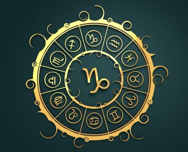 Altın daire içinde Astroloji sembolleri. Deniz keçi işareti