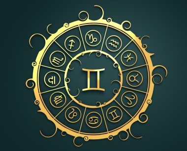 Altın daire içinde Astroloji sembolleri. İkizler işareti