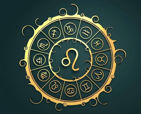 Símbolos de astrologia em círculo dourado. O sinal do leão — Fotografia de Stock