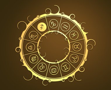 Altın daire içinde Astroloji sembolleri. Okçu işareti