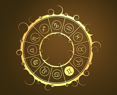Altın daire içinde Astroloji sembolleri. İkizler işareti