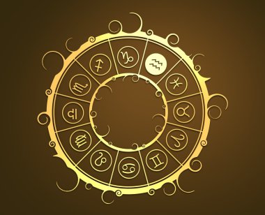 Altın daire içinde Astroloji sembolleri. Su taşıyıcısı işareti