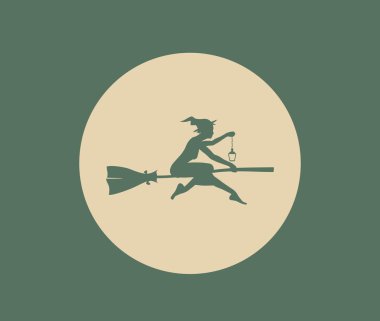 Uçan genç cadı simgesi. Cadı siluet bir süpürge üzerinde