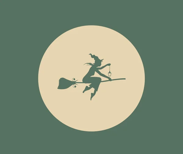 Icono de bruja joven voladora. Silueta de bruja en un palo de escoba — Archivo Imágenes Vectoriales