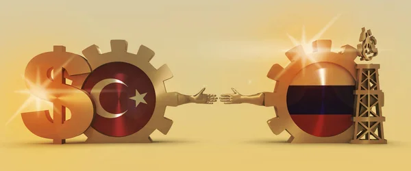 Russian and Turkey flags on gears. Gas rig and dollar sign — Stock Photo, Image