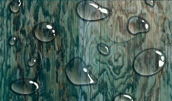 Transparent water drops on wooden background — Stock Photo, Image