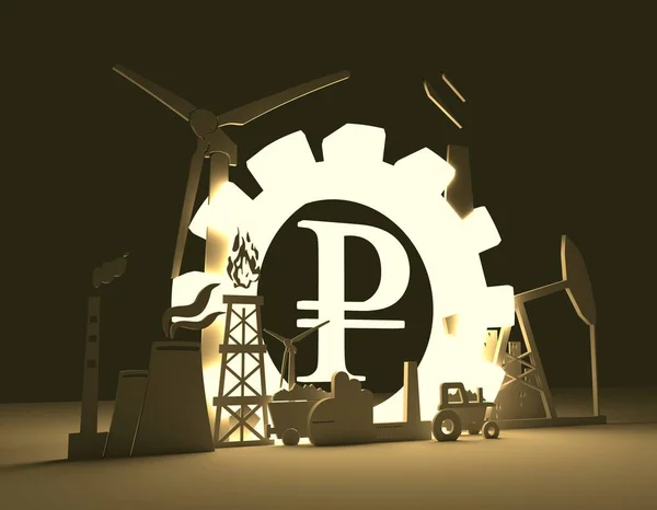 Rubel szimbólum és ipari ikonok — Stock Fotó