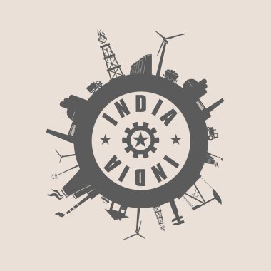 Sanayi göreli siluetleri ile daire. Hindistan metin