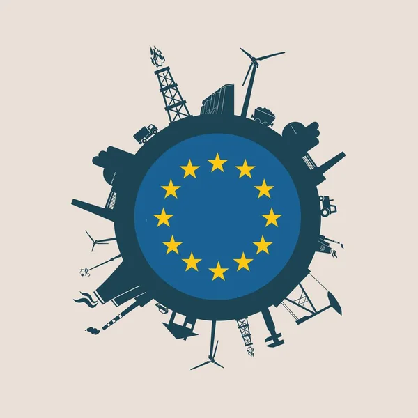Cercle avec des silhouettes relatives de l'industrie. Drapeau Europe — Image vectorielle