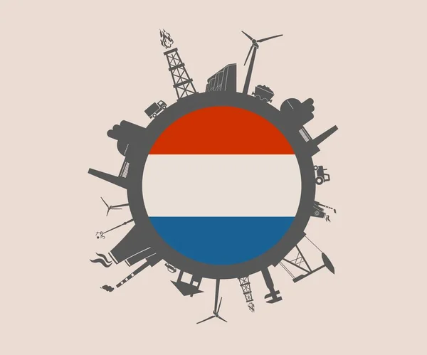 Kreis mit den relativen Silhouetten der Industrie. Niederländische Flagge — Stockvektor