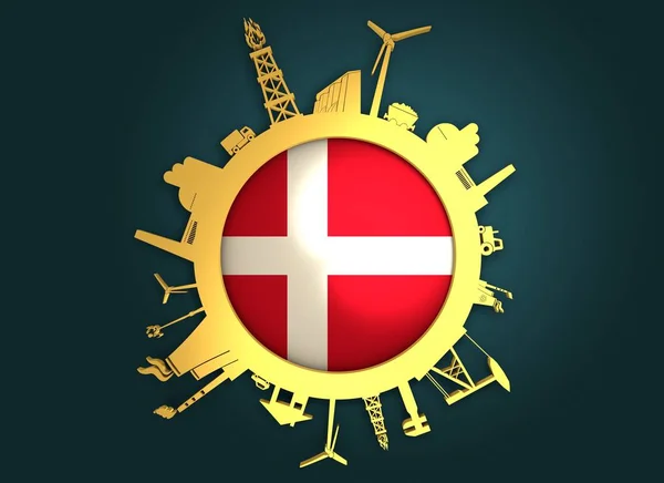 Kreis mit den relativen Silhouetten der Industrie. Dänemark-Flagge — Stockfoto
