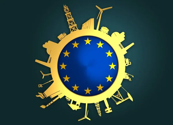 Circle with industry relative silhouettes. Europe flag — Stock Photo, Image