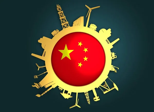 Círculo con siluetas relativas de la industria. Bandera china — Foto de Stock
