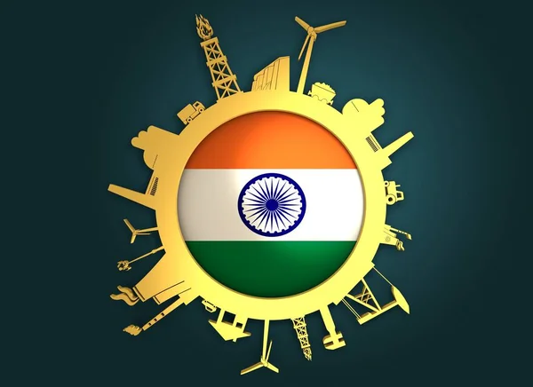 Círculo com silhuetas relativas da indústria. Bandeira Índia — Fotografia de Stock