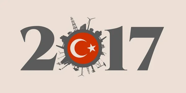 Sanayi göreli siluetleri ile daire. Türkiye bayrağı — Stok Vektör